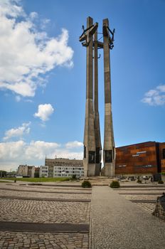 Gdansk-Poland June-2016. Solidarity in the square stands a monument commemorating the victims of December 1970. The three crosses are high at 42 meters.