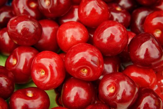 A lot of red cherries on dish, macro background