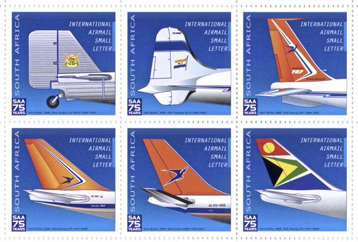 SOUTH AFRICA - CIRCA 1934 to 2009: stamp printed by South Africa shows a collection SAA Airways plane tails designs circa 1934 to 2009.  SAA 75 years for post transport and different designs.