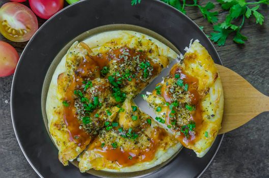 Top View Homemade Hot Cheese Pizza with Basil and Mozzarella