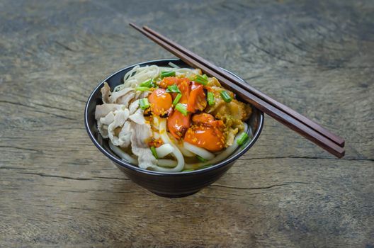 Korean hot spicy noodles with kimchi and seafood