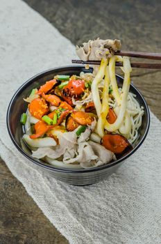 Korean hot spicy noodles with kimchi and seafood