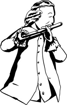 Outline illustration of single man in 18th century clothing and wig playing a flute