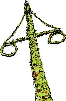 Sketch of colorful Swedish midsummer holiday Maypole with two wreaths