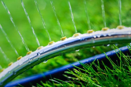 Lawn sprinkler spaying water over green grass. Motion blur. Select focus.