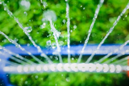 Lawn sprinkler spaying water over green grass. Motion blur. Select focus.