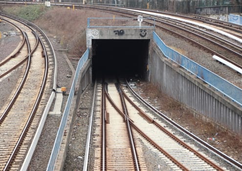 Black Unknown Railroad Tunnel with Tracks and Crossing Lines