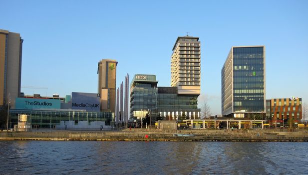 An image of television studios at Salford Quays in Greater Manchester, a popular destination for shopping, leisure, culture and tourism.