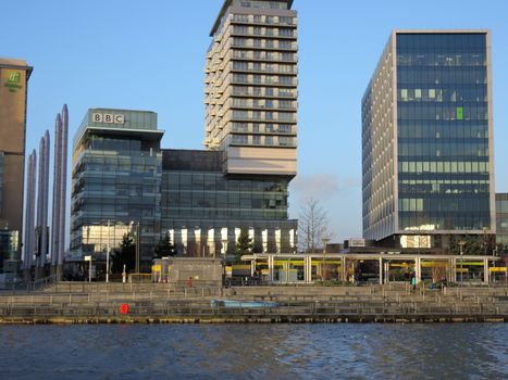 An image of television studios at Media City in Salford Quays, Greater Manchester.