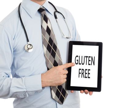 Doctor, isolated on white backgroun,  holding digital tablet - Gluten free