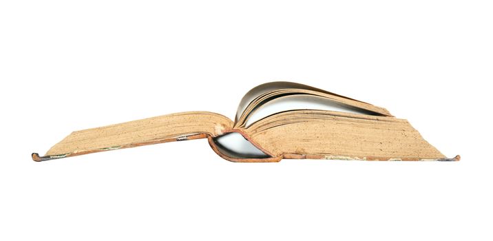 Old open book on white background. Isolated with clipping path