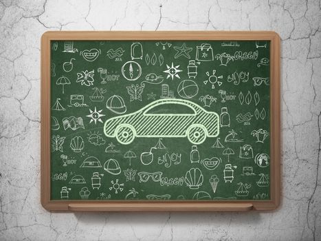 Tourism concept: Chalk Green Car icon on School board background with  Hand Drawn Vacation Icons, 3D Rendering