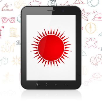 Vacation concept: Tablet Computer with  red Sun icon on display,  Hand Drawn Vacation Icons background, 3D rendering