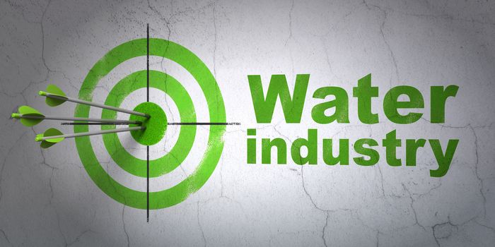 Success Manufacuring concept: arrows hitting the center of target, Green Water Industry on wall background, 3D rendering