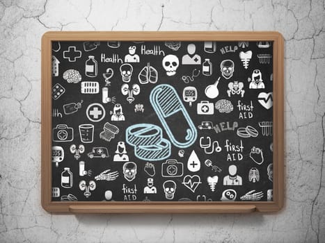 Healthcare concept: Chalk Blue Pills icon on School board background with  Hand Drawn Medicine Icons, 3D Rendering