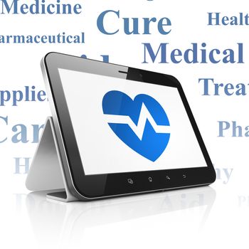 Medicine concept: Tablet Computer with  blue Heart icon on display,  Tag Cloud background, 3D rendering