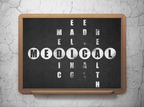Healthcare concept: Painted White word Medical in solving Crossword Puzzle on School board background, 3D Rendering