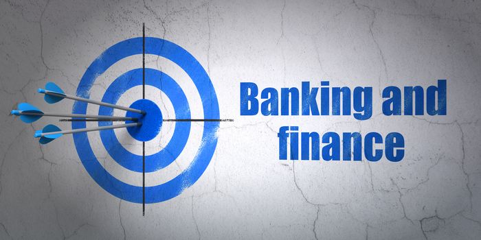 Success money concept: arrows hitting the center of target, Blue Banking And Finance on wall background, 3D rendering