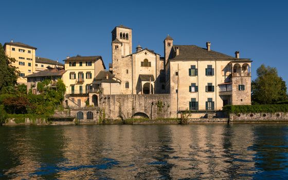 A View of Benedictine monastery at San Giulio island, Lake Orta, Italy