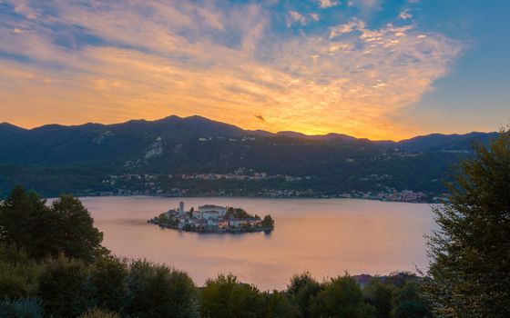 A View of San Giulio Island at sunset, Lake Orta, Italy