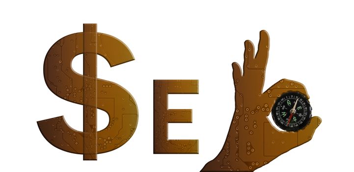 Golden colour in technolgy style alphabet text SEO with hand pattern and compass, symbol, sign