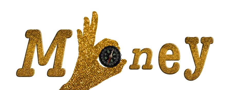 Isolated hand pattern with compass for text money in luxury golden bokeh style on white background