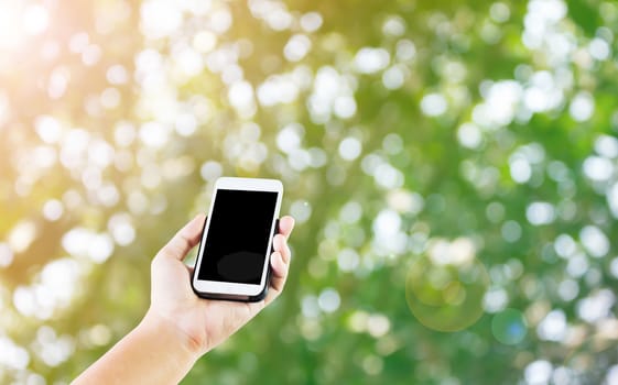 Lady hand presenting or show blank screen mobile phone on nature bokeh tree bush and warm sunlight background in fresh relaxing mood