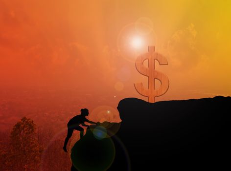 Women silhouette climbing on cliff to dollar symbol with blurred city topview with sunlight effect, money freedom, climbing to dollar concept