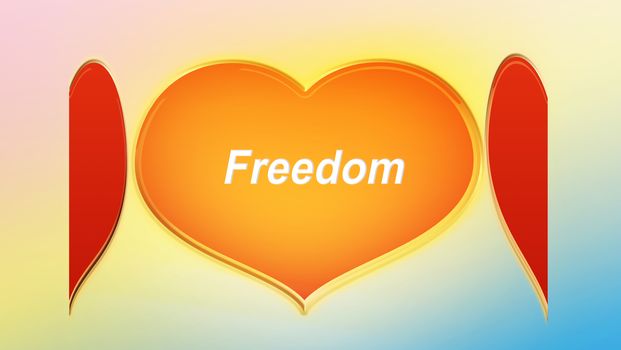 Beautiful big golden and red heart and text freedom on sweet colourful background