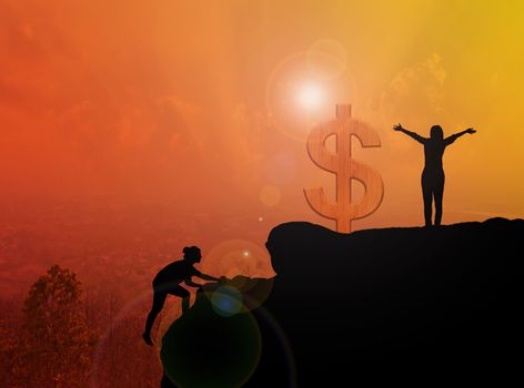 Women silhouette climbing and standing on cliff with dollar symbol and blurred city topview with sunlight effect, money freedom concept