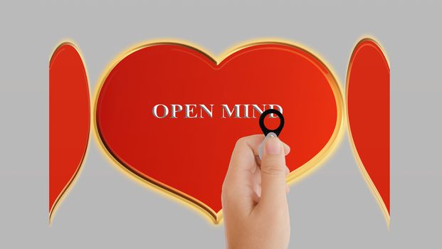 Beautiful big golden and red heart and text open mind with women hand taking focus lens