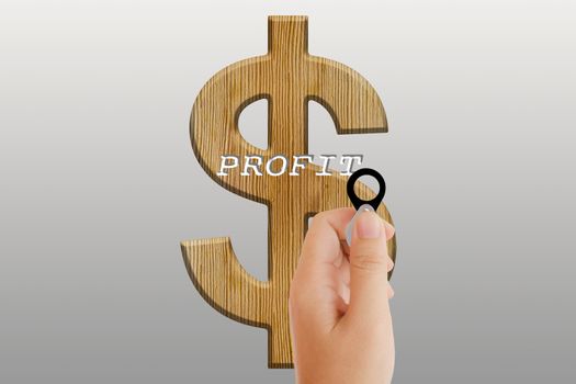 Isolated hand with lens on platinum background with dollar sign and text profit