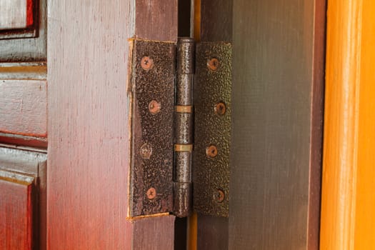 Steel hinge set up at wooden door 