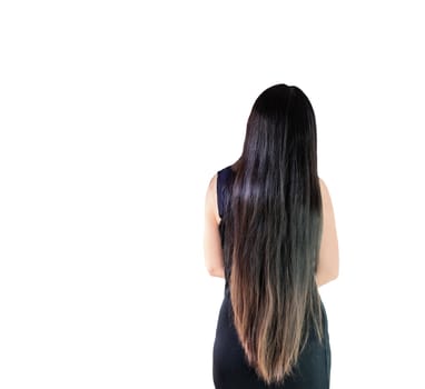 Isolated back side or rare view of black and coloured dry long hair women on white background