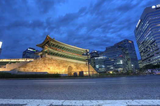 Gorgeous palace with a contrast of gorgeous skyline in Seoul, South Korea