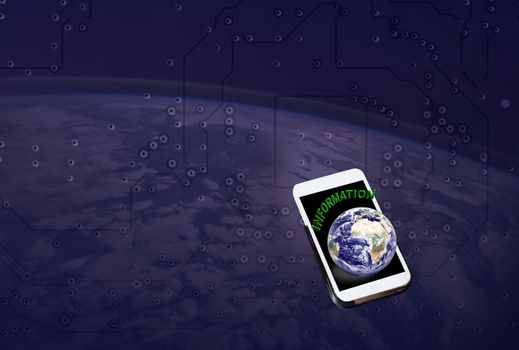 Cellphone or mobile with text information and earth on soft technology line abstract background