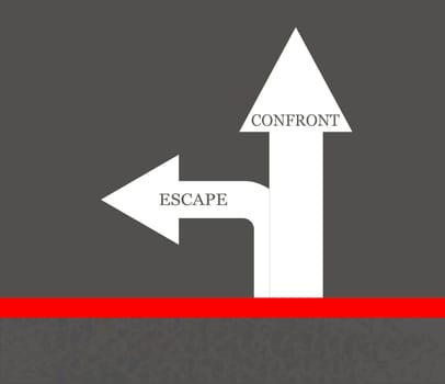Red line at start point with text escape and confront on ground street arrow, concept of decision when meet problems