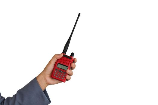 Red radio communication on business women hand