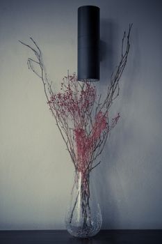 Red dry flower in vase glass vintage color tone