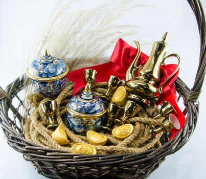Benjarong Gold ingot  Red ribbon bow Gold  Chinese  Gift sets