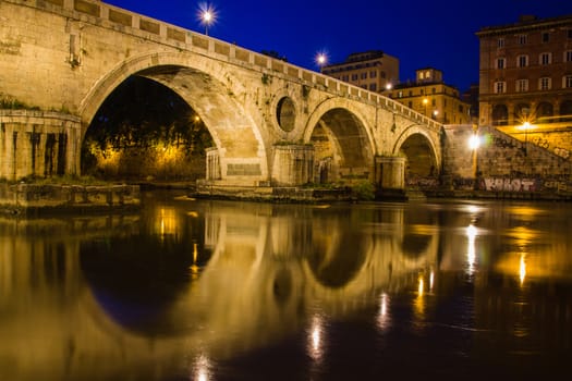 Ponte Sisto reflections on the River Tiber at dusk, Rome, italy, Europe