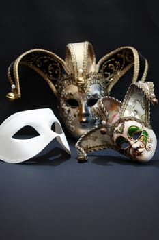 Theater concept. Set of classical mask on dark background