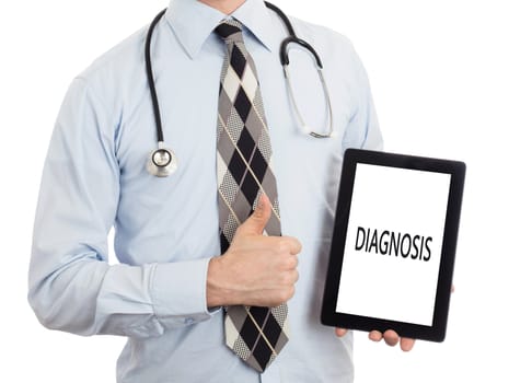 Doctor, isolated on white background,  holding digital tablet - Diagnosis