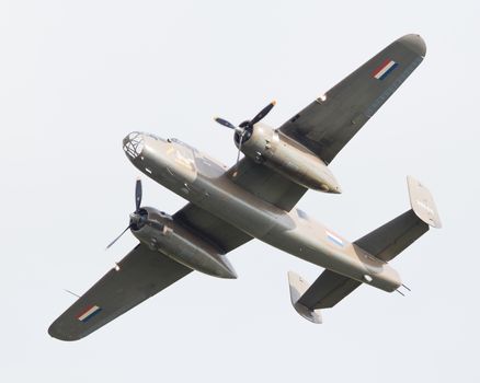 LEEUWARDEN, THE NETHERLANDS - JUNE 10: WW2 B-25 Mitchell bomber in Dutch markings during the Dutch Air Force Open House. June 10, 2016 in Leeuwarden, The Netherlands