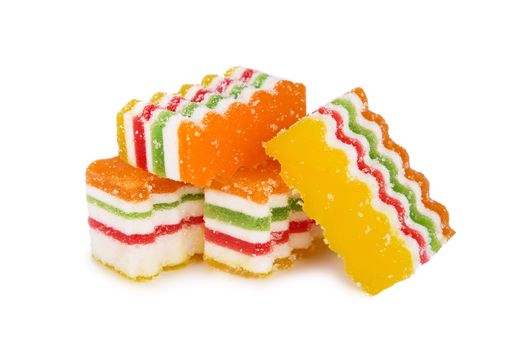 Delicious colorful marmalade isolated on white background. Colorful fruit jelly candy. Various fruit candy