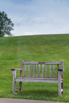 Empty wooden bench. Hill with a green grass in the background. Cloudy sky. Meijer Garden in Grand Rapids, Michigan, United States.