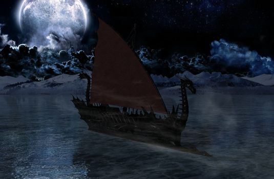Viking warship at moonlight - 3D rendering