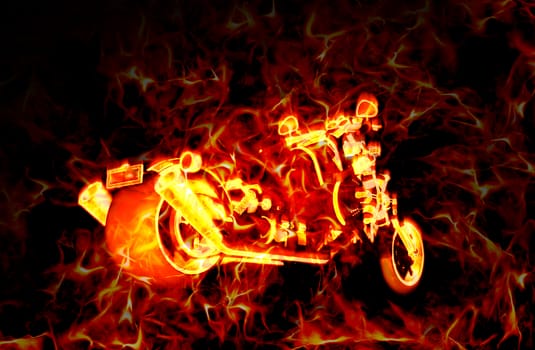 Fiery burning motorbike with flames around it, over a dark background - 3D rendering