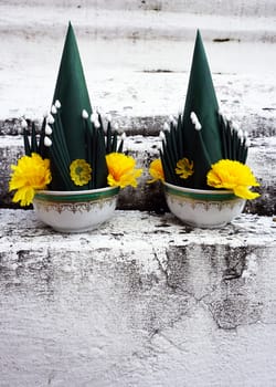 Pair of Art of banana leaf and flower buddhism, culture of thailand, ceremony bai sri