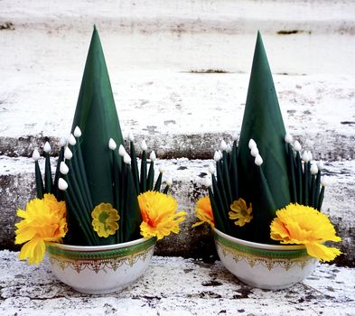 Pair of Art of banana leaf and flower buddhism, culture of thailand, ceremony bai sri